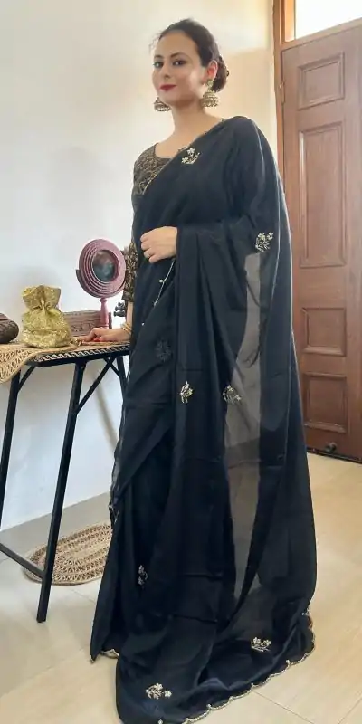   AC BEAUTY Black Color Soft Chinnon Hand Work Flower Design Saree Casual, Wedding, Festive, Events Expected Delivery 4-6 Working Days @2449/- | Bollywood Sarees, Creative Sarees, Designer Sarees, Embroidered Sarees, Ethnic Saree, Modern Digital sarees, Party Wear Sarees, Sarees