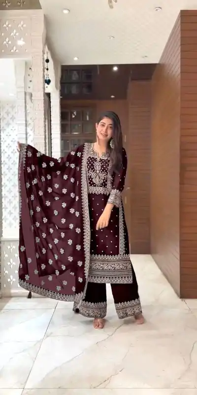 SRK 5156 Coffee Color Pure Chinnon Silk Embroidery Sequence Salwar Suit Wedding, Party, Festive, Events Expected Delivery 4-6 Working Days @ 2149/- | Casual Suits, Jump Suits, Creative suits, Designer Suits, Palazzo Suits, Party Wear Suits, Patiala Suits, Salwar suit, Straight Suits
