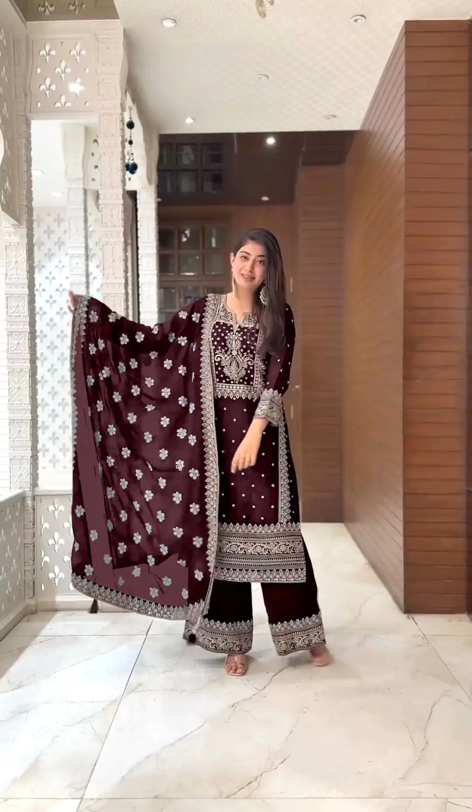 SRK 5156 Coffee Color Pure Chinnon Silk Embroidery Sequence Salwar Suit Wedding, Party, Festive, Events Expected Delivery 4-6 Working Days @ 2149/- | Casual Suits, Jump Suits, Creative suits, Designer Suits, Palazzo Suits, Party Wear Suits, Patiala Suits, Salwar suit, Straight Suits
