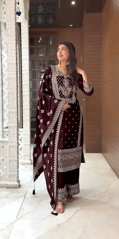 SRK 5156 Coffee Color Pure Chinnon Silk Embroidery Sequence Salwar Suit Wedding, Party, Festive, Events Expected Delivery 4-6 Working Days @ 2149/- | Casual Suits, Jump Suits, Creative suits, Designer Suits, Palazzo Suits, Party Wear Suits, Patiala Suits, Salwar suit, Straight Suits