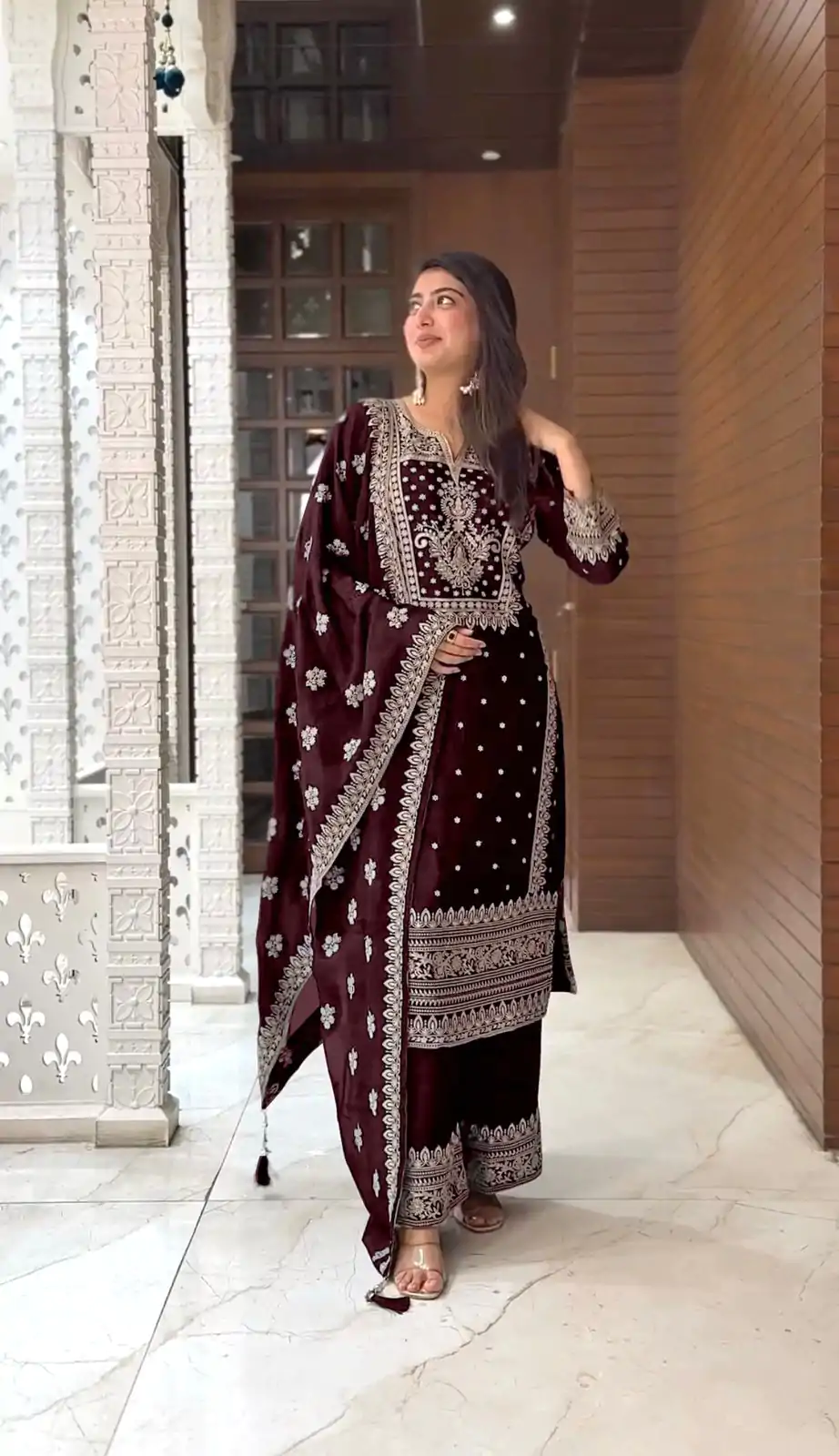 SRK 5156 Coffee Color Pure Chinnon Silk Embroidery Sequence Salwar Suit Wedding, Party, Festive, Events Expected Delivery 4-6 Working Days @ 2149/- | Casual Suits, Jump Suits, Creative suits, Designer Suits, Palazzo Suits, Party Wear Suits, Patiala Suits, Salwar suit, Straight Suits