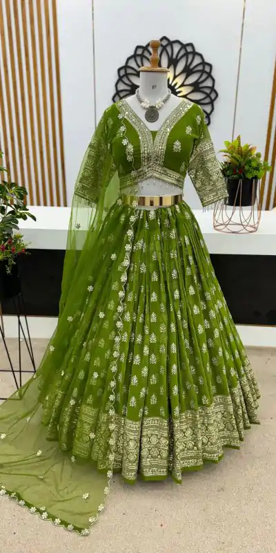 ZSR 3070 Green Color Georgette Embroidery Sequence Lehenga Choli Wedding, Party, Events Etc. Expected Delivery 4-6 Working Days 2149/- | Creative Lehenga, Bollywood Lehenga, Designer Lehenga, Embroidered Lehenga, Lehenga, Party Wear Lehenga