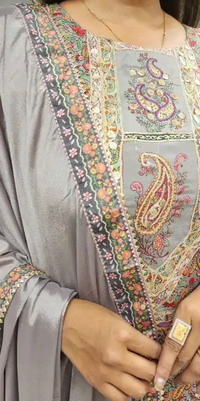 LG 1856 Grey color Maslin Printed And Coin Work Salwar Suit Casual, Wedding, Party, Festive, Events . Expected Delivery  4-6 Working Days @1899/- | Casual Suits, Creative suits, Designer Suits, Palazzo Suits, Party Wear Suits, Patiala Suits, Salwar suit, Straight Suits