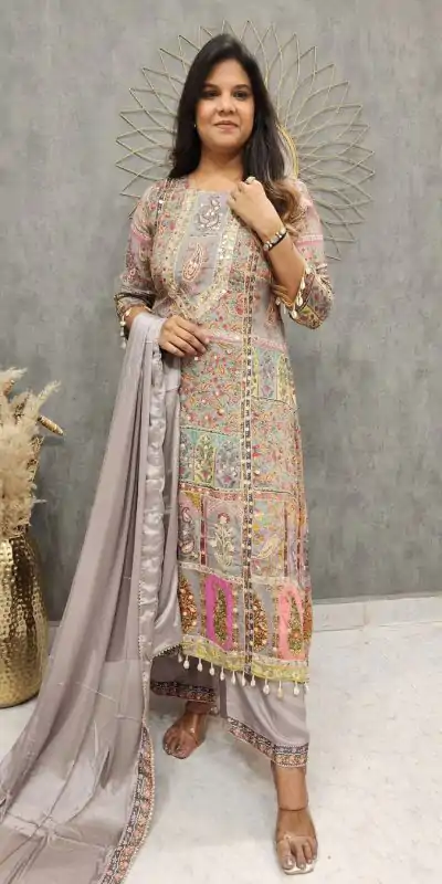 LG 1856 Grey color Maslin Printed And Coin Work Salwar Suit Casual, Wedding, Party, Festive, Events . Expected Delivery  4-6 Working Days @1899/- | Casual Suits, Creative suits, Designer Suits, Palazzo Suits, Party Wear Suits, Patiala Suits, Salwar suit, Straight Suits