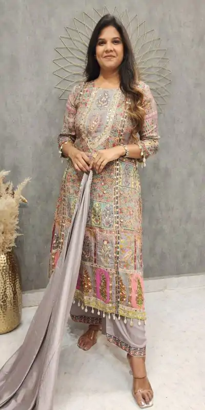 LG 1856 Grey color Maslin Printed And Coin Work Salwar Suit Casual, Wedding, Party, Festive, Events . Expected Delivery  4-6 Working Days @1899/- | Casual Suits, Creative suits, Designer Suits, Palazzo Suits, Party Wear Suits, Patiala Suits, Salwar suit, Straight Suits