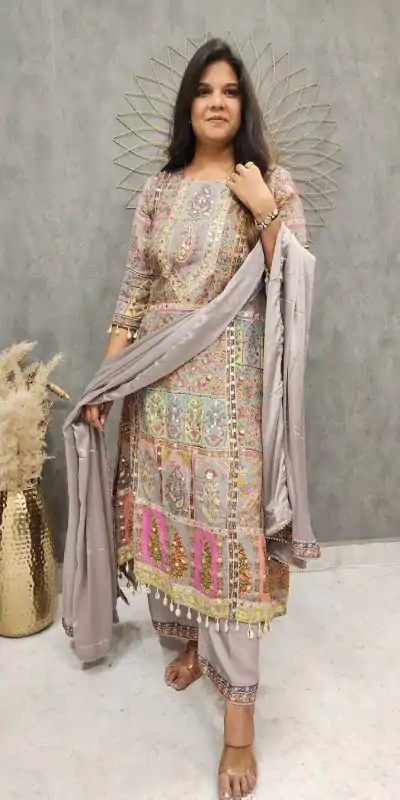 LG 1856 Grey color Maslin Printed And Coin Work Salwar Suit Casual, Wedding, Party, Festive, Events . Expected Delivery  4-6 Working Days @1899/- | Casual Suits, Creative suits, Designer Suits, Palazzo Suits, Party Wear Suits, Patiala Suits, Salwar suit, Straight Suits