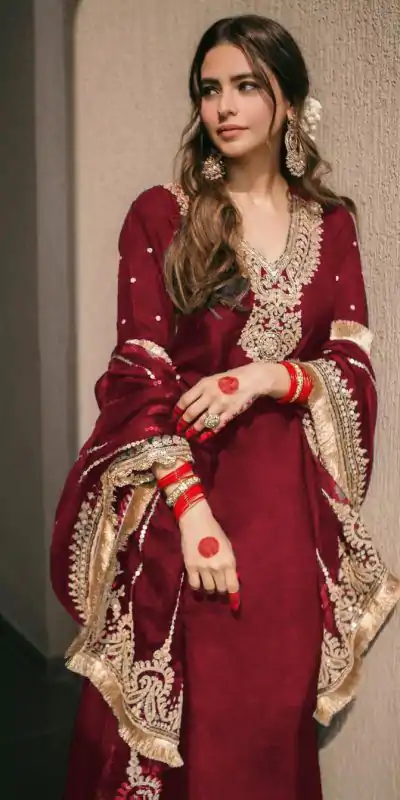 SRK 5153 Red Color Pure Chinnon Silk Embroidery Sequence Salwar Suit Wedding, Party, Festive, Events Expected Delivery 4-6 Working Days @ 1899/- | Casual Suits, Jump Suits, Creative suits, Designer Suits, Palazzo Suits, Party Wear Suits, Patiala Suits, Salwar suit, Straight Suits
