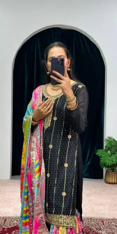ST 1046 Black Color Chinon Embroidery Work Salwar Suit Casual, Wedding, Party, Festive, Events Etc. Expected Delivery 4-6 Working Days @2399/- | Casual Suits, Jump Suits, Creative suits, Designer Suits, Palazzo Suits, Party Wear Suits, Patiala Suits, Salwar suit, Straight Suits