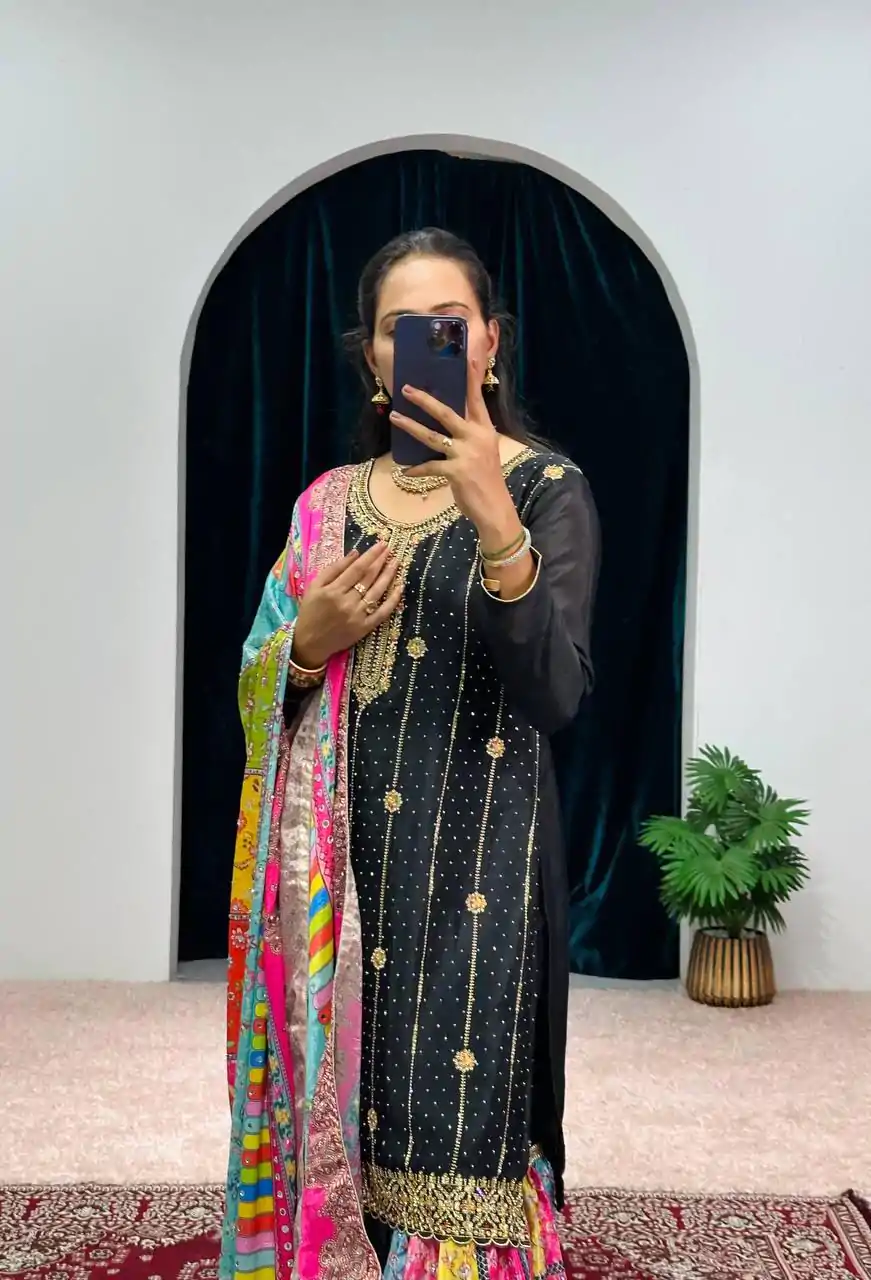 ST 1046 Black Color Chinon Embroidery Work Salwar Suit Casual, Wedding, Party, Festive, Events Etc. Expected Delivery 4-6 Working Days @2399/- | Casual Suits, Jump Suits, Creative suits, Designer Suits, Palazzo Suits, Party Wear Suits, Patiala Suits, Salwar suit, Straight Suits