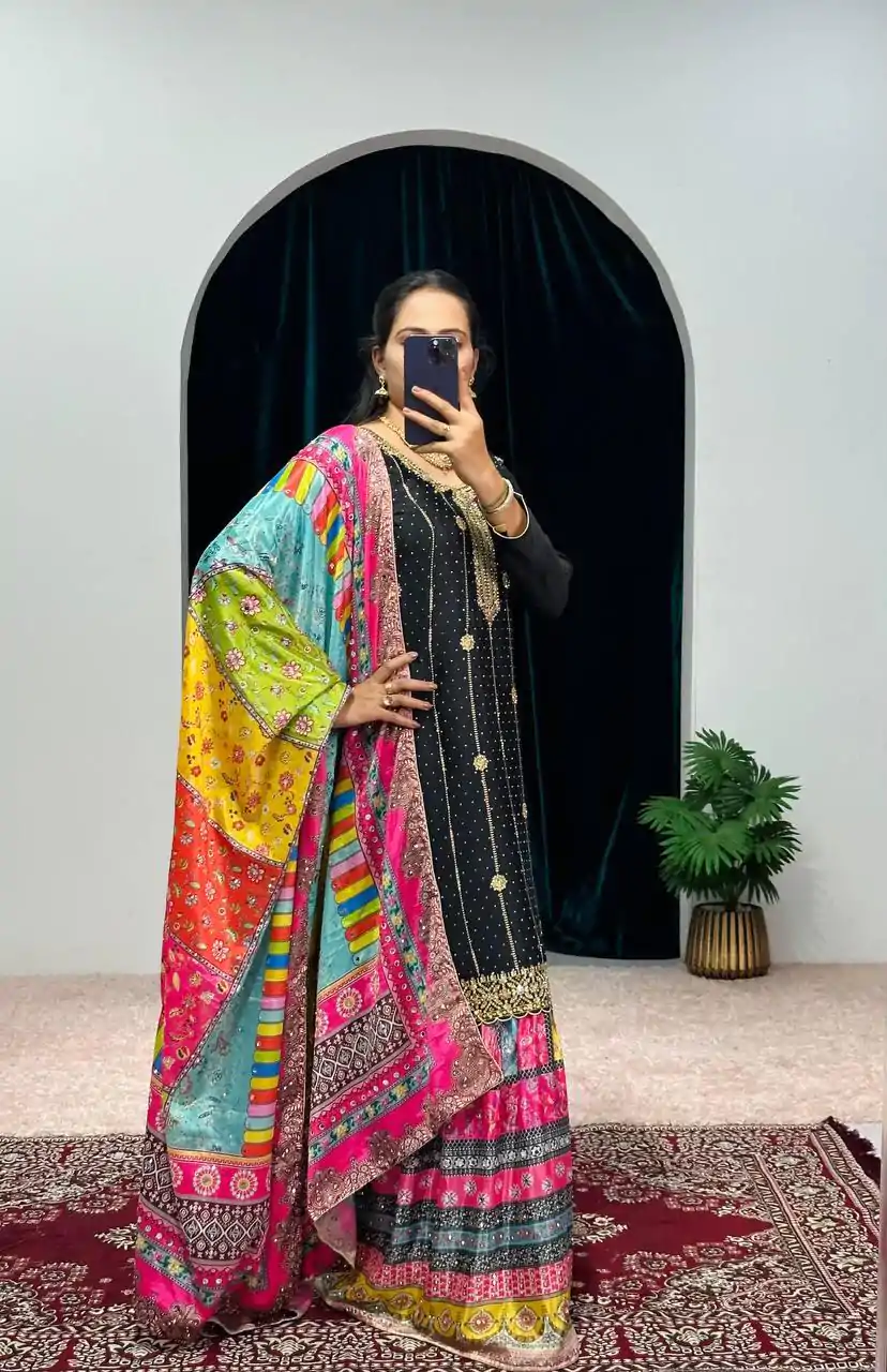 ST 1046 Black Color Chinon Embroidery Work Salwar Suit Casual, Wedding, Party, Festive, Events Etc. Expected Delivery 4-6 Working Days @2399/- | Casual Suits, Jump Suits, Creative suits, Designer Suits, Palazzo Suits, Party Wear Suits, Patiala Suits, Salwar suit, Straight Suits