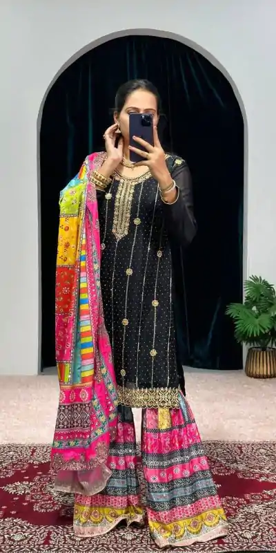 ST 1046 Black Color Chinon Embroidery Work Salwar Suit Casual, Wedding, Party, Festive, Events Etc. Expected Delivery 4-6 Working Days @2399/- | Casual Suits, Jump Suits, Creative suits, Designer Suits, Palazzo Suits, Party Wear Suits, Patiala Suits, Salwar suit, Straight Suits
