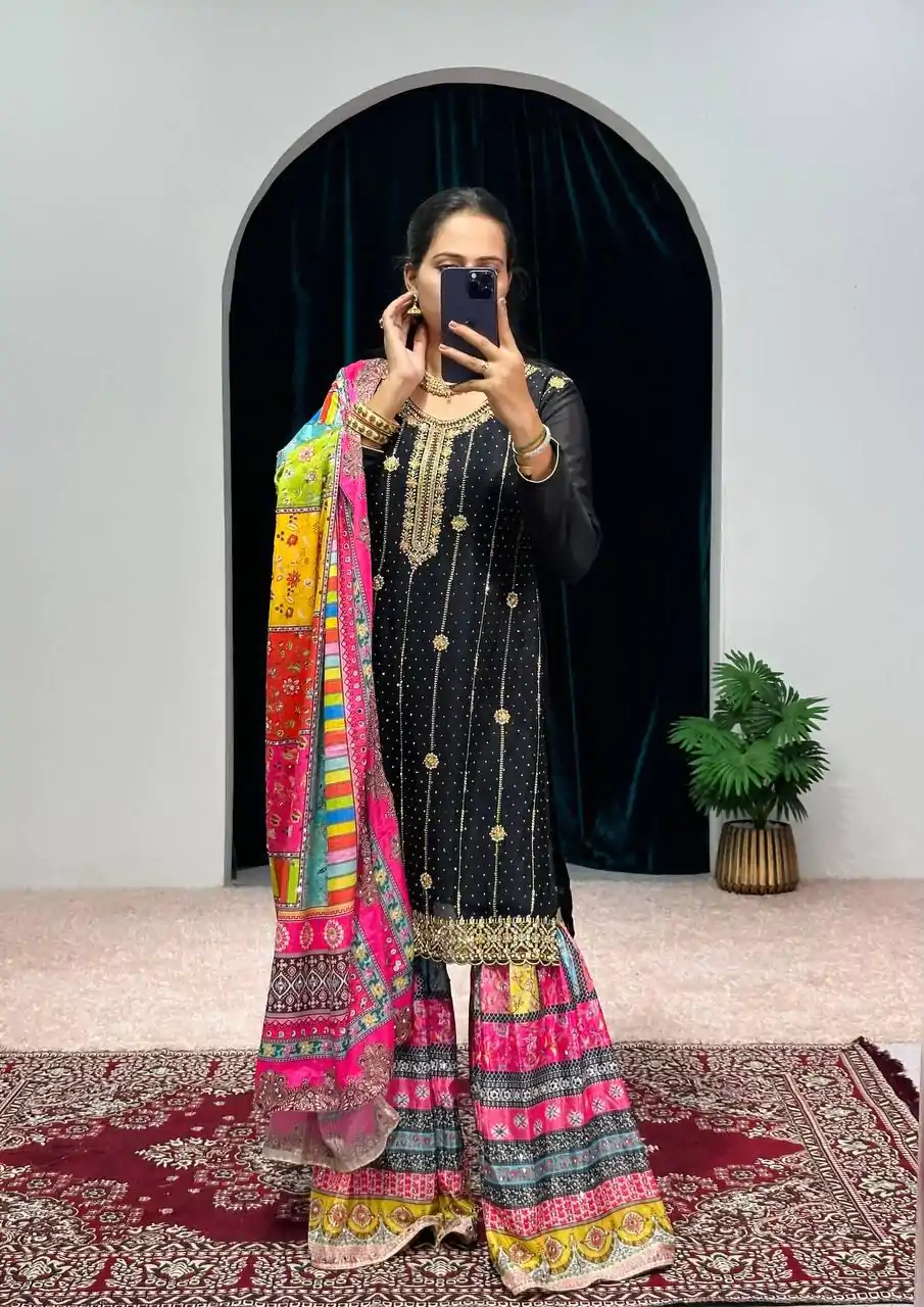 ST 1046 Black Color Chinon Embroidery Work Salwar Suit Casual, Wedding, Party, Festive, Events Etc. Expected Delivery 4-6 Working Days @2399/- | Casual Suits, Jump Suits, Creative suits, Designer Suits, Palazzo Suits, Party Wear Suits, Patiala Suits, Salwar suit, Straight Suits