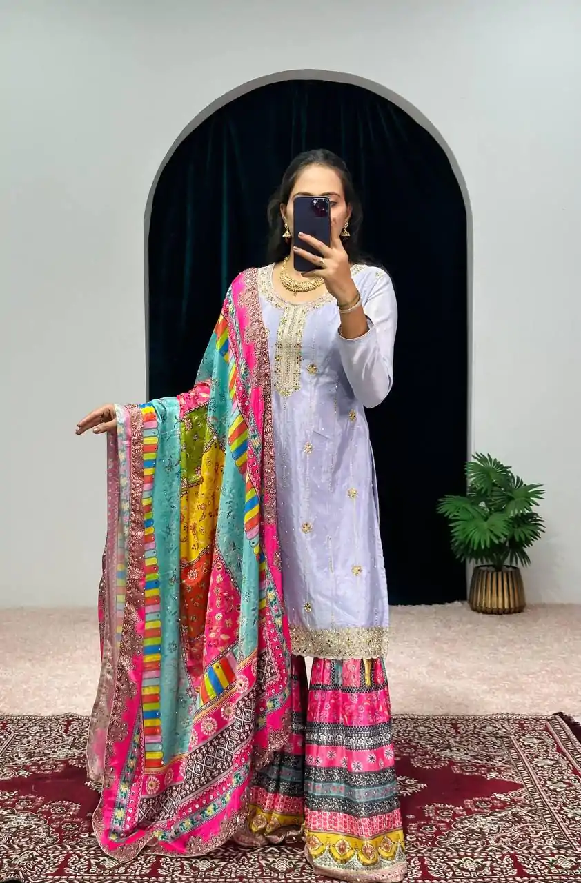 ST 1046 Violet Color Chinon Embroidery Work Salwar Suit Casual, Wedding, Party, Festive, Events Etc. Expected Delivery 4-6 Working Days @2399/- | Casual Suits, Jump Suits, Creative suits, Designer Suits, Palazzo Suits, Party Wear Suits, Patiala Suits, Salwar suit, Straight Suits