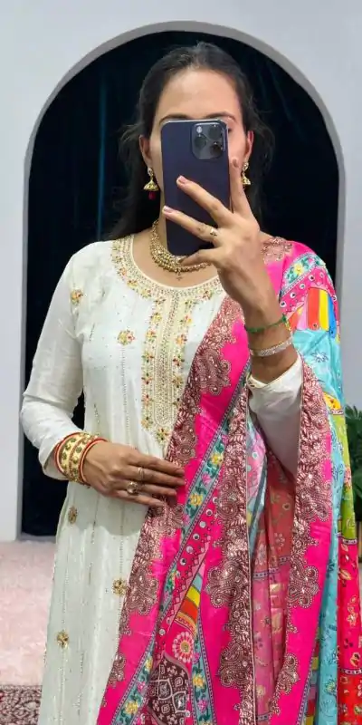 ST 1046 White Color Chinon Embroidery Work Salwar Suit Casual, Wedding, Party, Festive, Events Etc. Expected Delivery 4-6 Working Days @2399/- | Casual Suits, Jump Suits, Creative suits, Designer Suits, Palazzo Suits, Party Wear Suits, Patiala Suits, Salwar suit, Straight Suits