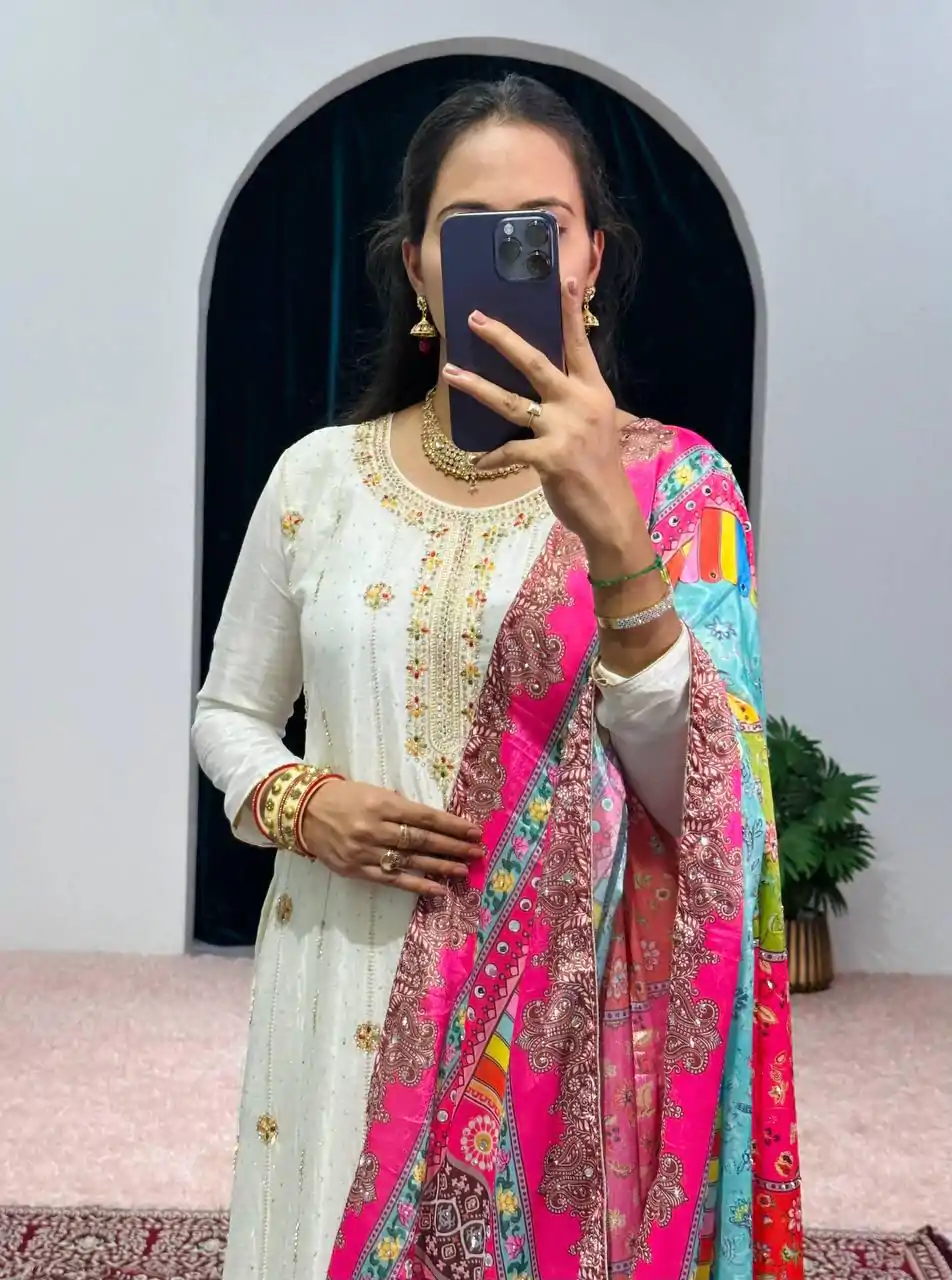 ST 1046 White Color Chinon Embroidery Work Salwar Suit Casual, Wedding, Party, Festive, Events Etc. Expected Delivery 4-6 Working Days @2399/- | Casual Suits, Jump Suits, Creative suits, Designer Suits, Palazzo Suits, Party Wear Suits, Patiala Suits, Salwar suit, Straight Suits