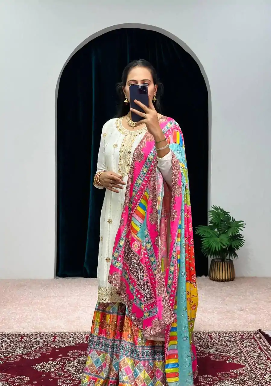 ST 1046 White Color Chinon Embroidery Work Salwar Suit Casual, Wedding, Party, Festive, Events Etc. Expected Delivery 4-6 Working Days @2399/- | Casual Suits, Jump Suits, Creative suits, Designer Suits, Palazzo Suits, Party Wear Suits, Patiala Suits, Salwar suit, Straight Suits