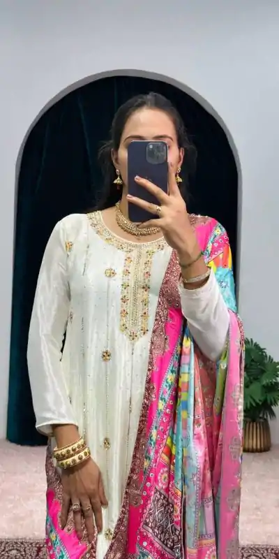 ST 1046 White Color Chinon Embroidery Work Salwar Suit Casual, Wedding, Party, Festive, Events Etc. Expected Delivery 4-6 Working Days @2399/- | Casual Suits, Jump Suits, Creative suits, Designer Suits, Palazzo Suits, Party Wear Suits, Patiala Suits, Salwar suit, Straight Suits