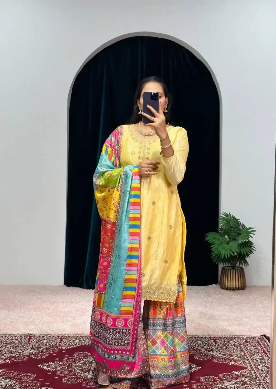 ST 1046 Yellow Color Chinon Embroidery Work Salwar Suit Casual, Wedding, Party, Festive, Events Etc. Expected Delivery 4-6 Working Days @2399/- | Casual Suits, Jump Suits, Creative suits, Designer Suits, Palazzo Suits, Party Wear Suits, Patiala Suits, Salwar suit, Straight Suits