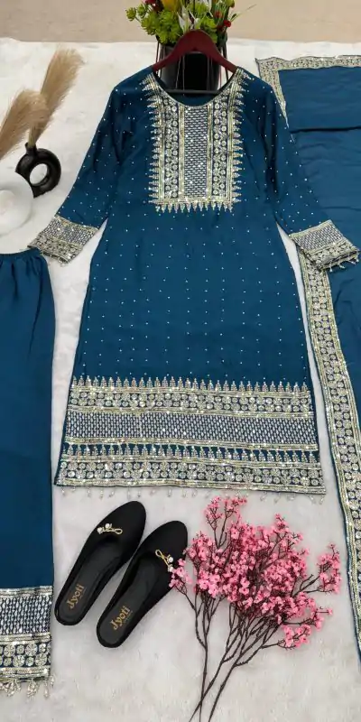 ZF 371 Peacock Blue Color Chinnon Silk Embroidery Salwar Suit Casual, Wedding, Party, Events Etc. Expected Delivery 4-6 Working Days 2099/- | Casual Suits, Creative suits, Jump Suits, Designer Suits, Palazzo Suits, Party Wear Suits, Patiala Suits, Salwar suit, Straight Suits