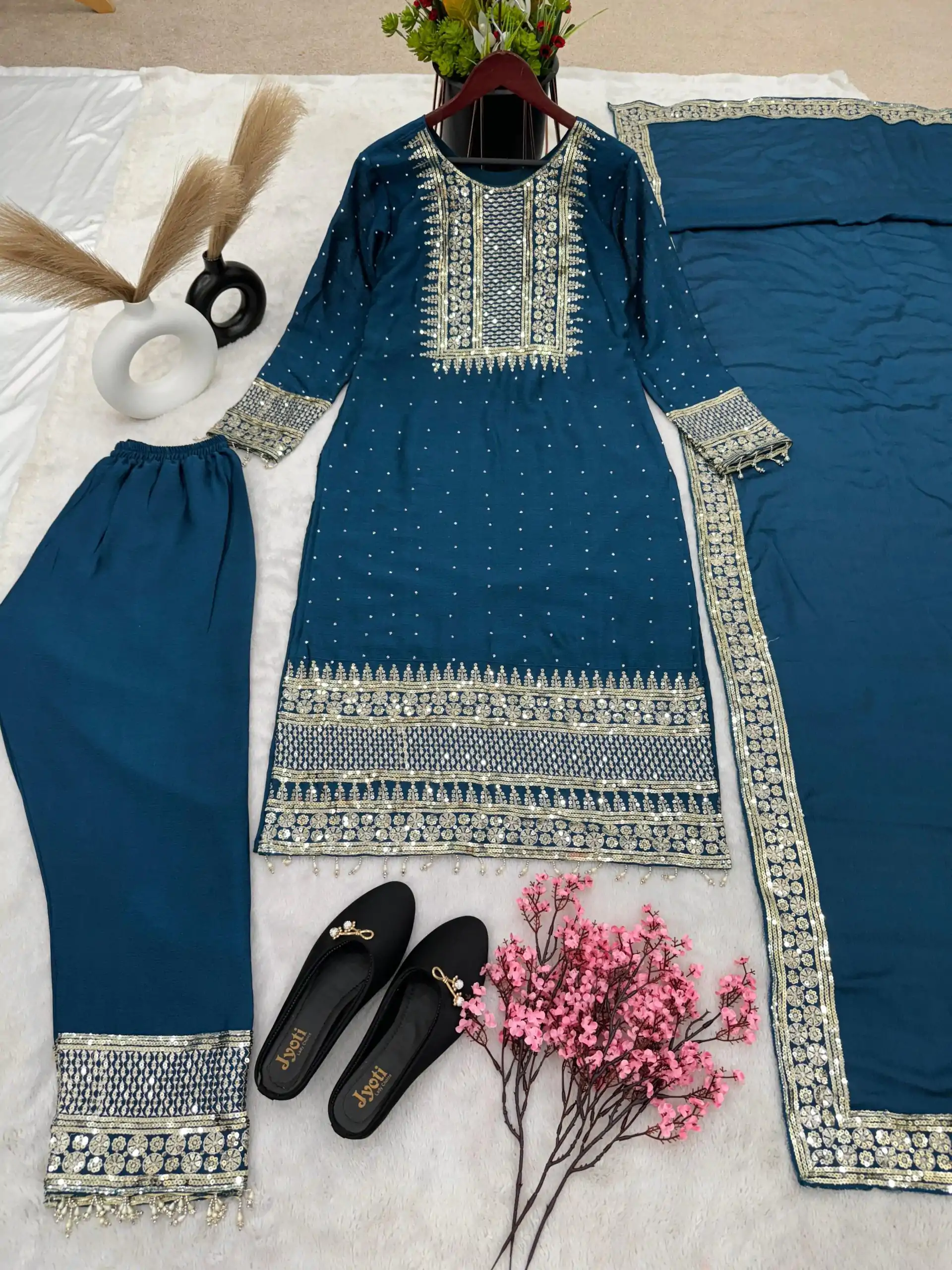 ZF 371 Peacock Blue Color Chinnon Silk Embroidery Salwar Suit Casual, Wedding, Party, Events Etc. Expected Delivery 4-6 Working Days 2099/- | Casual Suits, Creative suits, Jump Suits, Designer Suits, Palazzo Suits, Party Wear Suits, Patiala Suits, Salwar suit, Straight Suits
