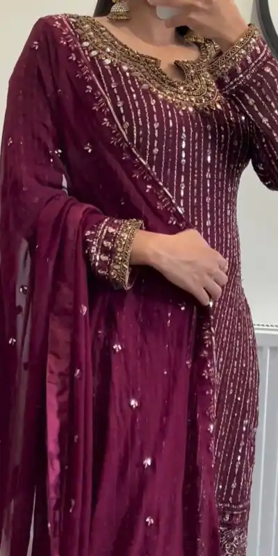 RTC 5716 Maroon Color Foix Georgette Thread Sequence Work Salwar Suit Wedding, Party, Festive, Events Etc. Expected Delivery 4-6 Working Days @2099/- | Casual Suits, Jump Suits, Creative suits, Designer Suits, Palazzo Suits, Party Wear Suits, Patiala Suits, Salwar suit, Straight Suits