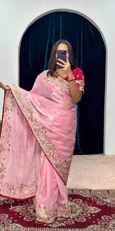 ST 474 Pink Color Jimmy Choo Embroidery Sequins Saree Casual, Wedding, Party, Festive, Events Etc. Expected Delivery 4-6 Working Days @2449/- | Bollywood Sarees, Creative Sarees, Designer Sarees, Embroidered Sarees, Ethnic Saree, Modern Digital sarees, Party Wear Sarees, Sarees