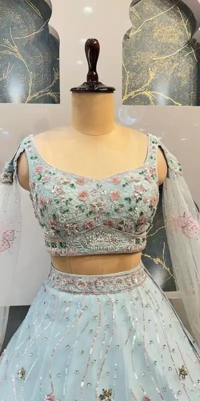 BD 1608 Light Blue Color Organza Silk Embroidered Lehenga Choli Casual, Wedding, Festive, Events Expected Delivery 4-6 Working Days @3199/- | Bollywood Lehenga, Creative Lehenga, Designer Lehenga, Embroidered Lehenga, Lehenga, Party Wear Lehenga