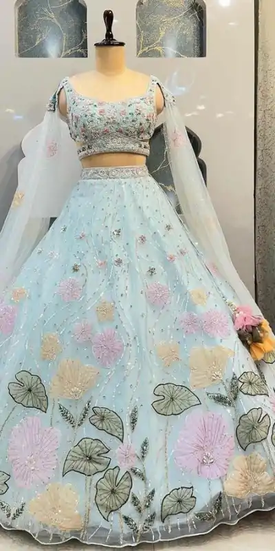 BD 1608 Light Blue Color Organza Silk Embroidered Lehenga Choli Casual, Wedding, Festive, Events Expected Delivery 4-6 Working Days @3199/- | Bollywood Lehenga, Creative Lehenga, Designer Lehenga, Embroidered Lehenga, Lehenga, Party Wear Lehenga