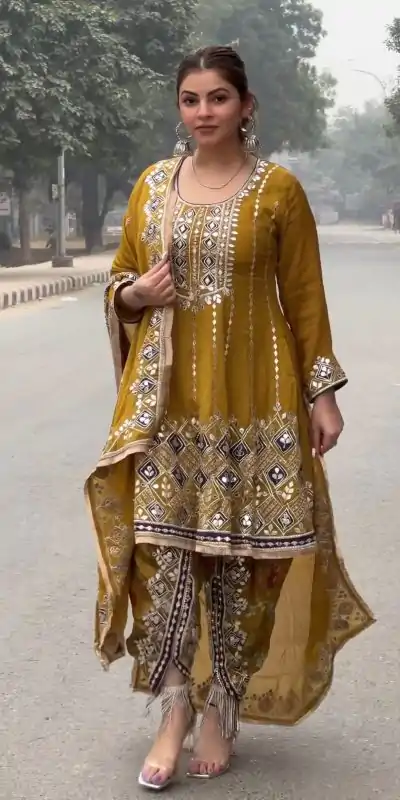KD 1465 Mustard Color Chinon Silk Sequence Thread Salwar Suit Casual, Party, Festive, Events Wedding Etc. Expected Delivery 4-6 Working Days @2549/- | Casual Suits, Creative suits, Designer Suits, Palazzo Suits, Party Wear Suits, Salwar suit, Straight Suits