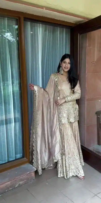 SR 1616 Golden Color Heavy Chinnon Silk Embroidery Work Sharara Suit Wedding, Party, Festive, Events Etc. Expected Delivery 4-6 Working Days @2199Only | Casual Suits, Creative suits, Designer Suits, Palazzo Suits, Party Wear Suits, Salwar suit, Straight Suits