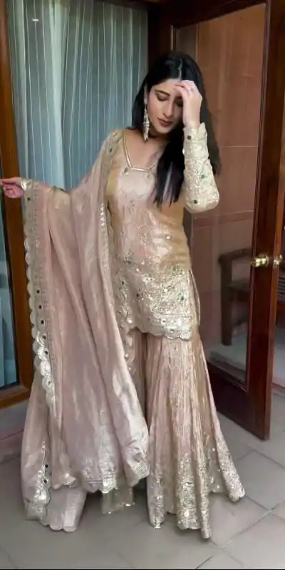 SR 1616 Golden Color Heavy Chinnon Silk Embroidery Work Sharara Suit Wedding, Party, Festive, Events Etc. Expected Delivery 4-6 Working Days @2199Only | Casual Suits, Creative suits, Designer Suits, Palazzo Suits, Party Wear Suits, Salwar suit, Straight Suits