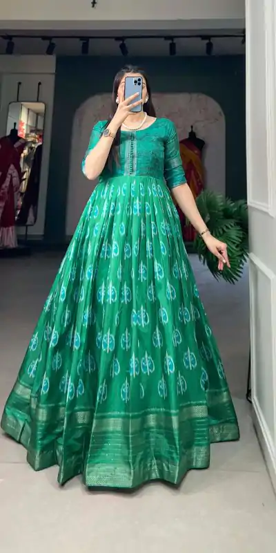 YNF 5010 Green Color Dola Silk Printed with Zari Border Gown Casual, Wedding, Festive, Events, Designer Party Wear, Delivery 4-6 Working Days @1749 | Bollywood Gowns, Creative Gowns, Designer Gowns, Embroidered Gowns, Gowns, Party Wear Gowns