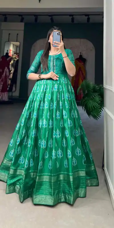 YNF 5010 Green Color Dola Silk Printed with Zari Border Gown Casual, Wedding, Festive, Events, Designer Party Wear, Delivery 4-6 Working Days @1749 | Bollywood Gowns, Creative Gowns, Designer Gowns, Embroidered Gowns, Gowns, Party Wear Gowns