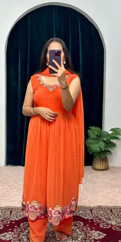 ST 1052 Orange Color Chine Stitched Less Work Salwar Suit Casual, Wedding, Party, Festive, Events Etc. Expected Delivery 4-6 Working Days @2099/- | Casual Suits, Creative suits, Designer Suits, Palazzo Suits, Party Wear Suits, Patiala Suits, Salwar suit, Straight Suits