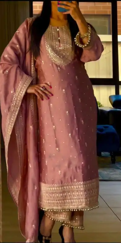 NSR 814 Peach Color Pure Chinnon Silk Embroidery Sequence Salwar Suit Casual, Party Festive, Events Etc. Expected Delivery 4-6 Working Days @2049/- | Casual Suits, Jump Suits, Creative suits, Designer Suits, Palazzo Suits, Party Wear Suits, Patiala Suits, Salwar suit, Straight Suits