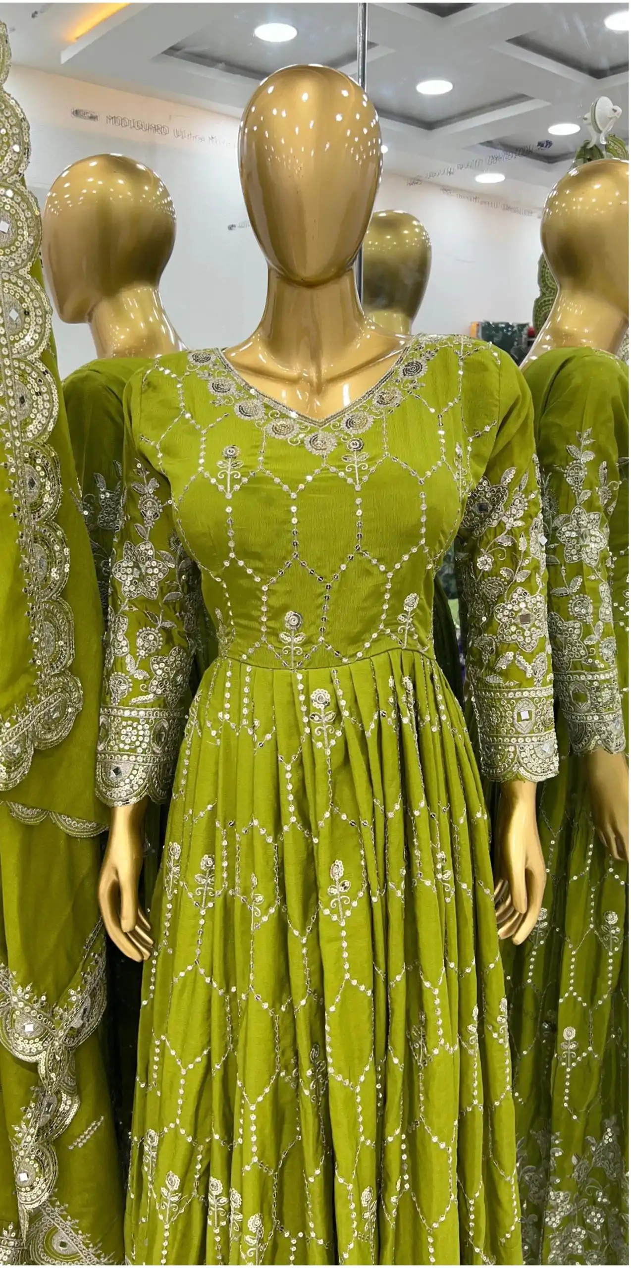 SR 1625 Green Color Chinnon Silk Embroidery Sequence Gown Casual, Wedding, Party, Festive, Events Etc. Expected Delivery 4-6 Working Days @2199/- | Bollywood Gowns, Creative Gowns, Designer Gowns, Embroidered Gowns, Gowns, Party Wear Gowns