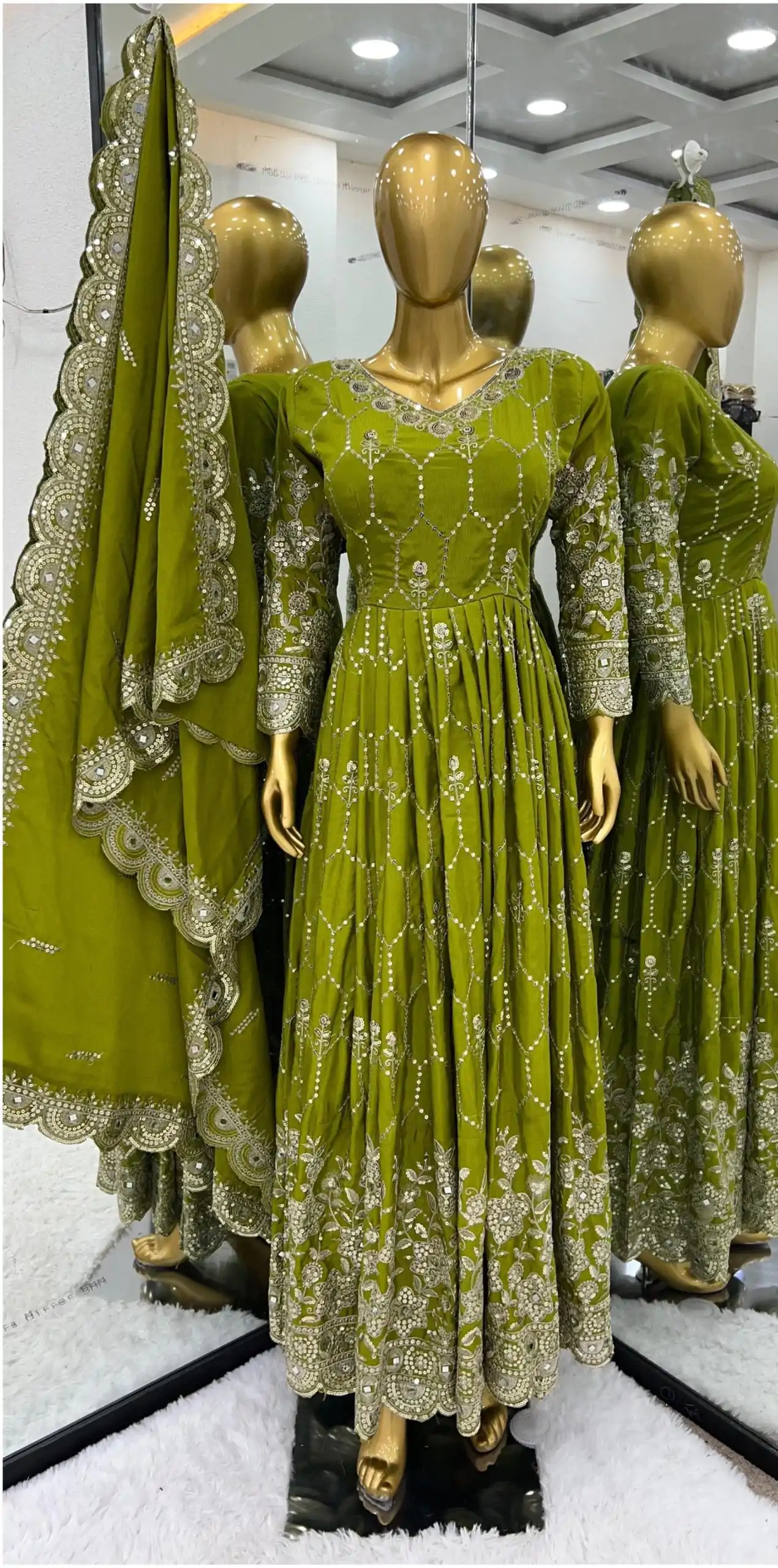 SR 1625 Green Color Chinnon Silk Embroidery Sequence Gown Casual, Wedding, Party, Festive, Events Etc. Expected Delivery 4-6 Working Days @2199/- | Bollywood Gowns, Creative Gowns, Designer Gowns, Embroidered Gowns, Gowns, Party Wear Gowns