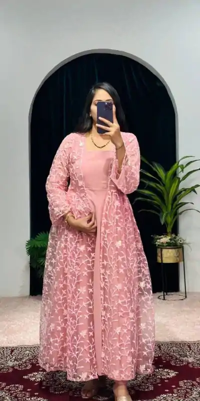 ST 1042 Pink Color Georgette Embroidery Sequence Gown Casual, Wedding, Party, Festive, Events Etc. Expected Delivery 4-6 Working Days @1999/- | Bollywood Gowns, Creative Gowns, Designer Gowns, Embroidered Gowns, Gowns, Party Wear Gowns