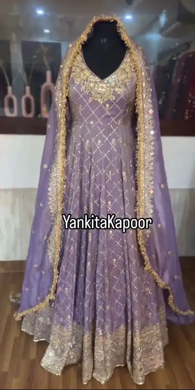 SR 1626 Violet Color Chinnon Silk Embroidery Sequence Gown Casual, Wedding, Party, Festive, Events Etc. Expected Delivery 4-6 Working Days @2449/- | Bollywood Gowns, Creative Gowns, Designer Gowns, Embroidered Gowns, Gowns, Party Wear Gowns