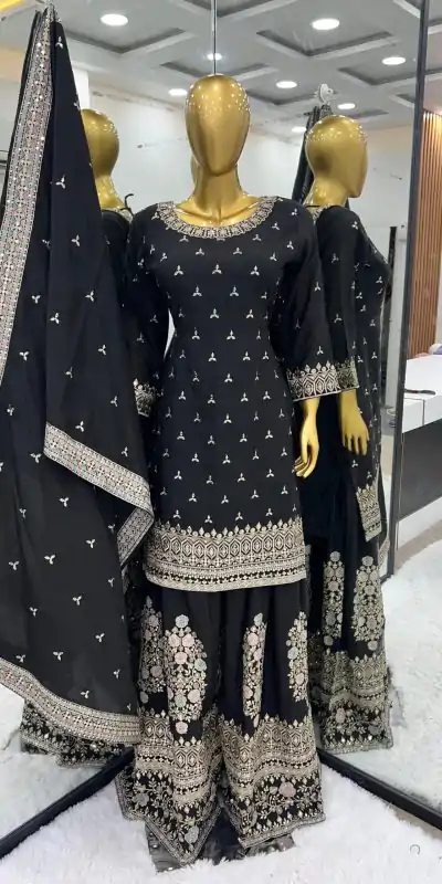 SR 1627 Black Color Chinon Silk Malty Embroidery Sharara Suit Wedding, Party, Festive, Events Etc. Expected Delivery 4-6 Working Days @2199Only | Casual Suits, Creative suits, Designer Suits, Palazzo Suits, Party Wear Suits, Salwar suit, Straight Suits
