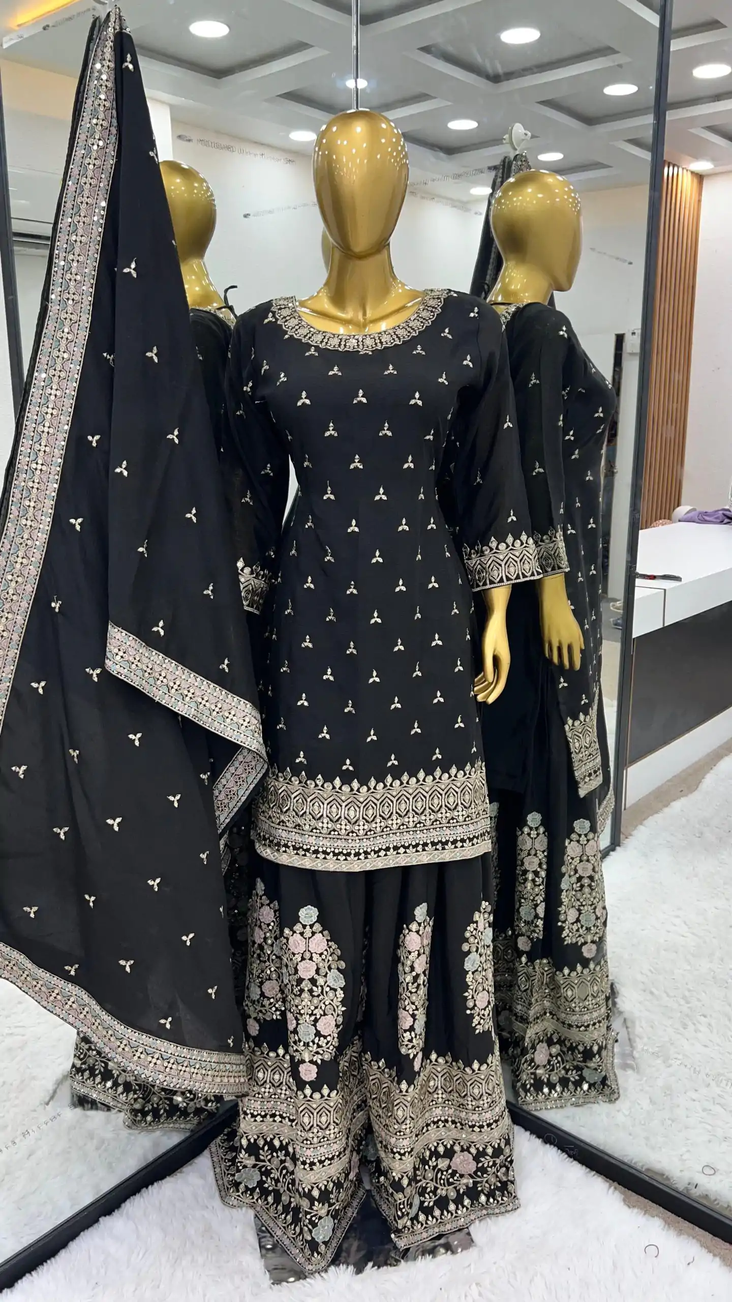 SR 1627 Black Color Chinon Silk Malty Embroidery Sharara Suit Wedding, Party, Festive, Events Etc. Expected Delivery 4-6 Working Days @2199Only | Casual Suits, Creative suits, Designer Suits, Palazzo Suits, Party Wear Suits, Salwar suit, Straight Suits