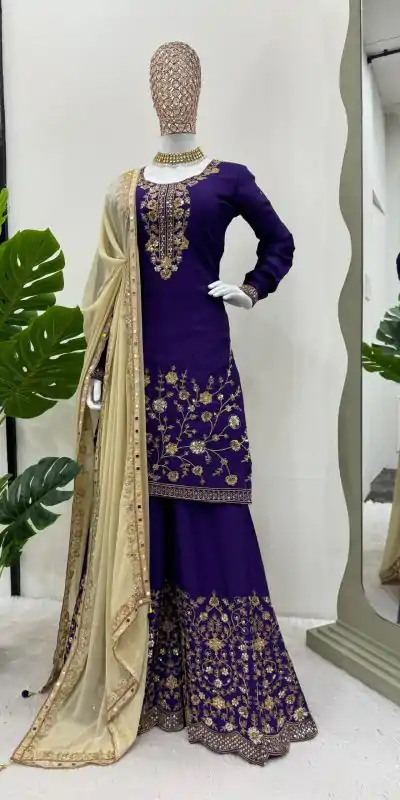 KD 1481 Dark Violet Color Chinon Silk Sequence Thread Work Salwar Suit Casual, Wedding, Party, Events Etc. Expected Delivery 4-6 Working Days 2399/- | Casual Suits, Jump Suits, Creative suits, Designer Suits, Palazzo Suits, Party Wear Suits, Patiala Suits, Salwar suit, Straight Suits