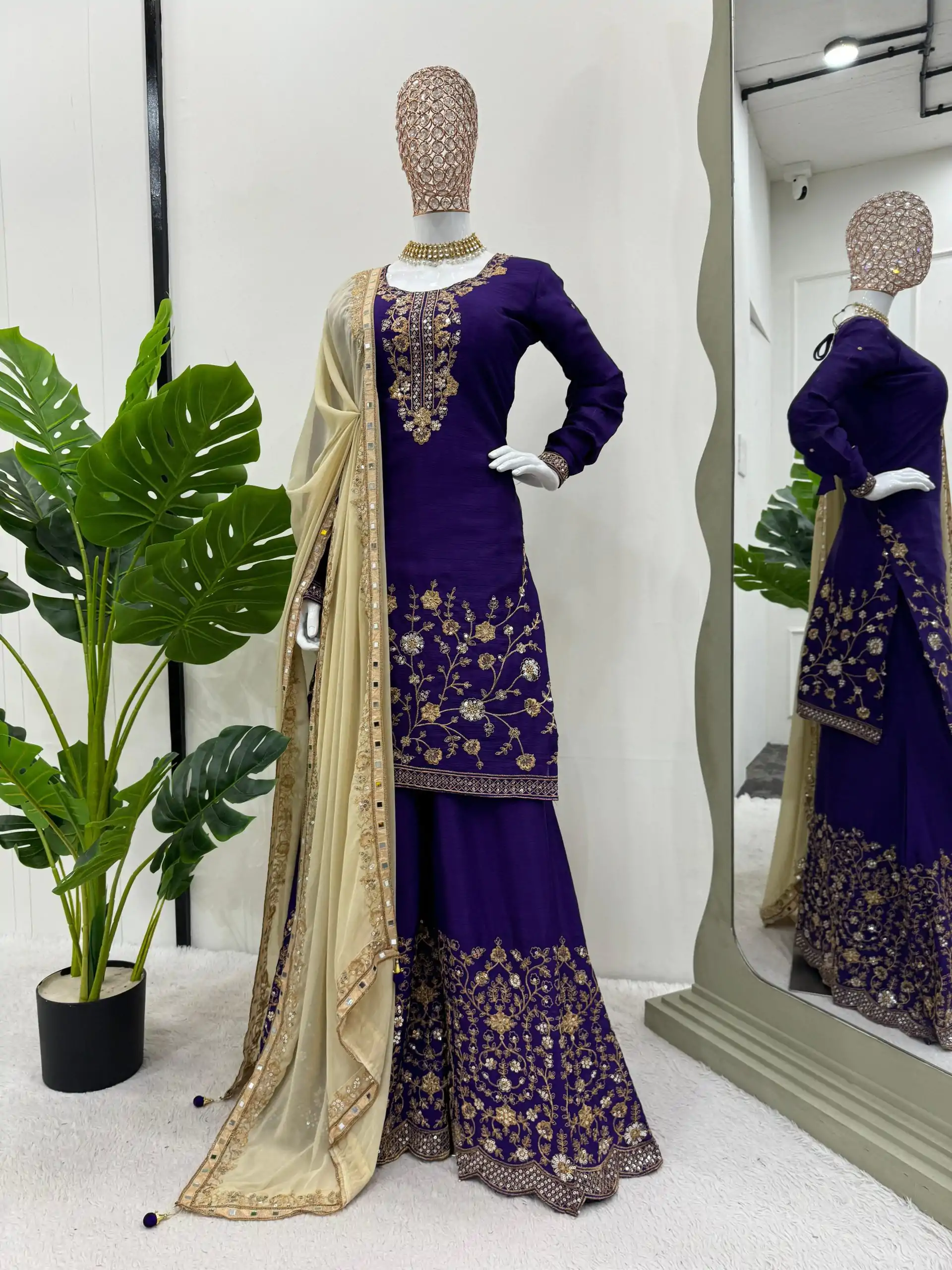 KD 1481 Dark Violet Color Chinon Silk Sequence Thread Work Salwar Suit Casual, Wedding, Party, Events Etc. Expected Delivery 4-6 Working Days 2399/- | Casual Suits, Jump Suits, Creative suits, Designer Suits, Palazzo Suits, Party Wear Suits, Patiala Suits, Salwar suit, Straight Suits