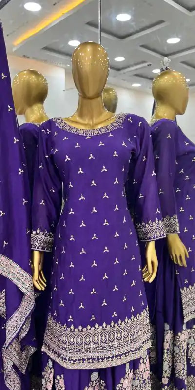 SR 1627 Violet Color Chinon Silk Malty Embroidery Sharara Suit Wedding, Party, Festive, Events Etc. Expected Delivery 4-6 Working Days @2199Only | Casual Suits, Creative suits, Designer Suits, Palazzo Suits, Party Wear Suits, Salwar suit, Straight Suits