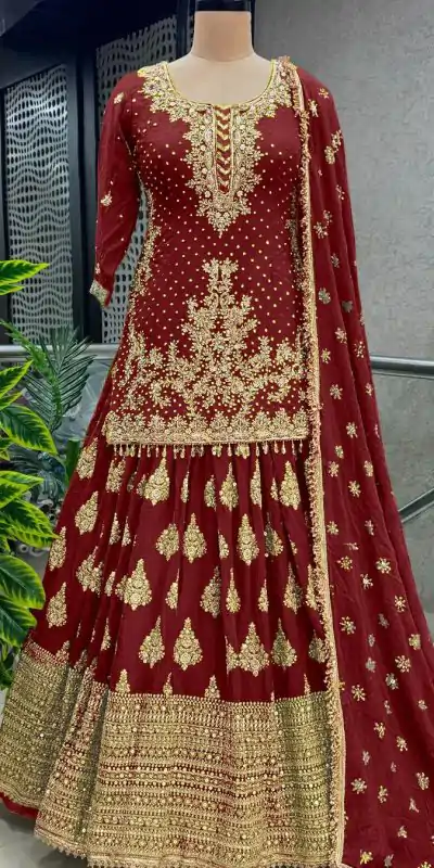 NSR 806 Red Color Pure Chinnon Silk Embroidery Lehenga Choli Casual, Party Festive, Events Etc. Expected Delivery 4-6 Working Days @2199/- | Creative Lehenga, Bollywood Lehenga, Designer Lehenga, Embroidered Lehenga, Lehenga, Party Wear Lehenga, Straight Suits