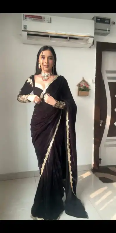 KD 436 Black Color 9000 Velvet Thread Sequence Work Saree Casual, Party Wear, Wedding, Events Etc. Expected Delivery 4-6 Working Days @2399/- | Bollywood Sarees, Creative Sarees, Designer Sarees, Embroidered Sarees, Ethnic Saree, Modern Digital sarees, Party Wear Sarees, Sarees