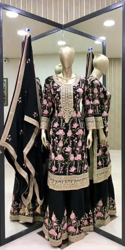 SR 1615 Black Color Georgette Embroidery Coding Sharara Suit Wedding, Party, Festive, Events Etc. Expected Delivery 4-6 Working Days @2399Only | Casual Suits, Creative suits, Designer Suits, Palazzo Suits, Party Wear Suits, Salwar suit, Straight Suits