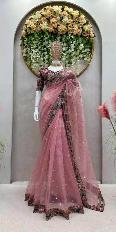 KD 481 Peach Color Organza Silk Thread Sequence Work Saree Casual, Party Wear, Wedding, Events Etc. Expected Delivery 4-6 Working Days @2099/- | Bollywood Sarees, Creative Sarees, Designer Sarees, Embroidered Sarees, Ethnic Saree, Modern Digital sarees, Party Wear Sarees, Sarees