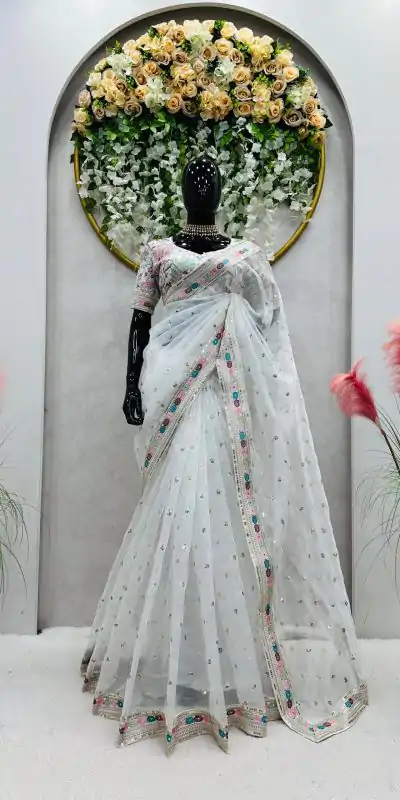 KD 481 White Color Organza Silk Thread Sequence Work Saree Casual, Party Wear, Wedding, Events Etc. Expected Delivery 4-6 Working Days @2099/- | Bollywood Sarees, Creative Sarees, Designer Sarees, Embroidered Sarees, Ethnic Saree, Modern Digital sarees, Party Wear Sarees, Sarees