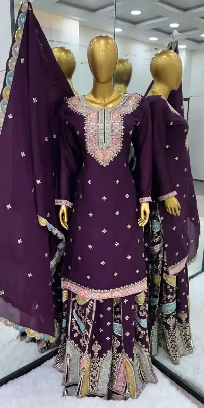 ZF 377 Purple Color Chinnon Silk Embroidery Sequence Salwar Suit Casual, Wedding, Party, Events Etc. Expected Delivery 4-6 Working Days 2499/- | Casual Suits, Jump Suits, Creative suits, Designer Suits, Palazzo Suits, Party Wear Suits, Patiala Suits, Salwar suit, Straight Suits